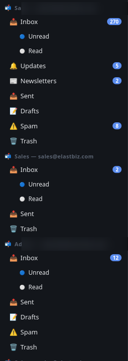 Folder sidebar (Inbox, Updates, Newsletters, Sent, Drafts, Spam, Trash)